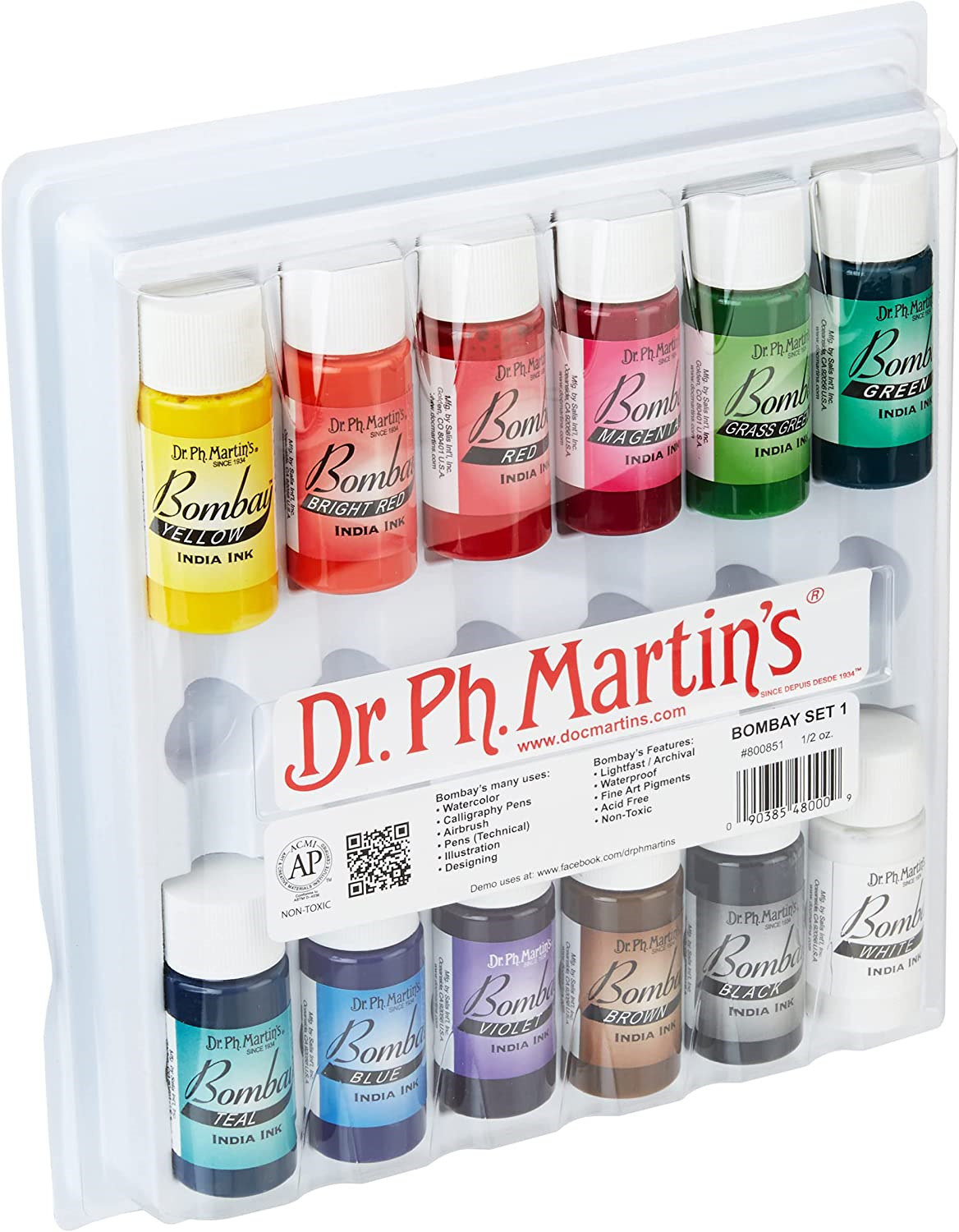 Dr. Ph. Martin&#039;s Bombay India Ink Set 1 Ink Set, 0.5 Oz, Set 1 Colors, 1 Of
